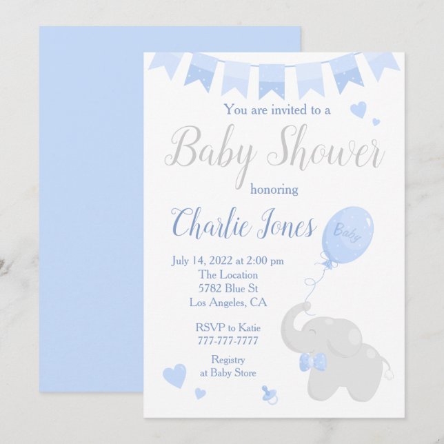 Invitación Elefante lindo con un niño de Baby Shower con glob (Anverso / Reverso)