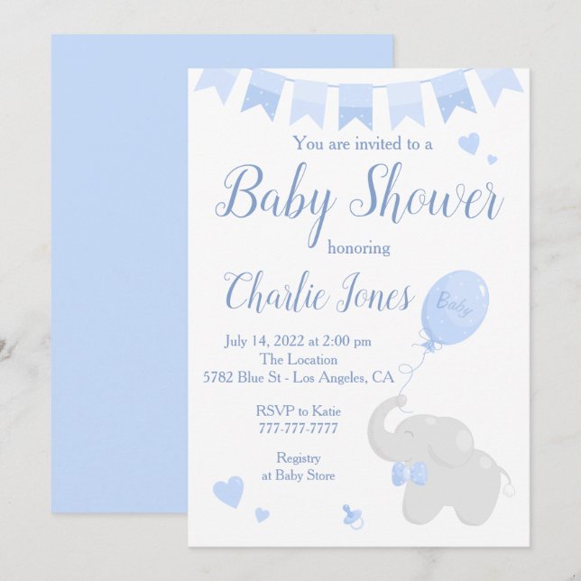 Invitación Elefante lindo con un niño de Baby Shower con glob (Anverso / Reverso)