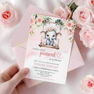 Invitación Elefante lindo en columpio rosas rosadas verde.