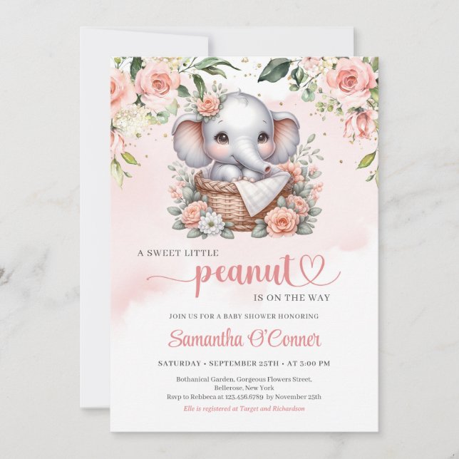 Invitación elefante lindo en rosas de cestas florales (Anverso)