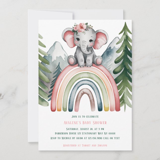 Invitación Elefante lindo en un Baby Shower arcoiris (Anverso)