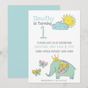 Invitación Elefante lindo personalizable y mariposas