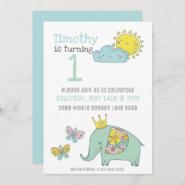 Invitación Elefante lindo personalizable y mariposas