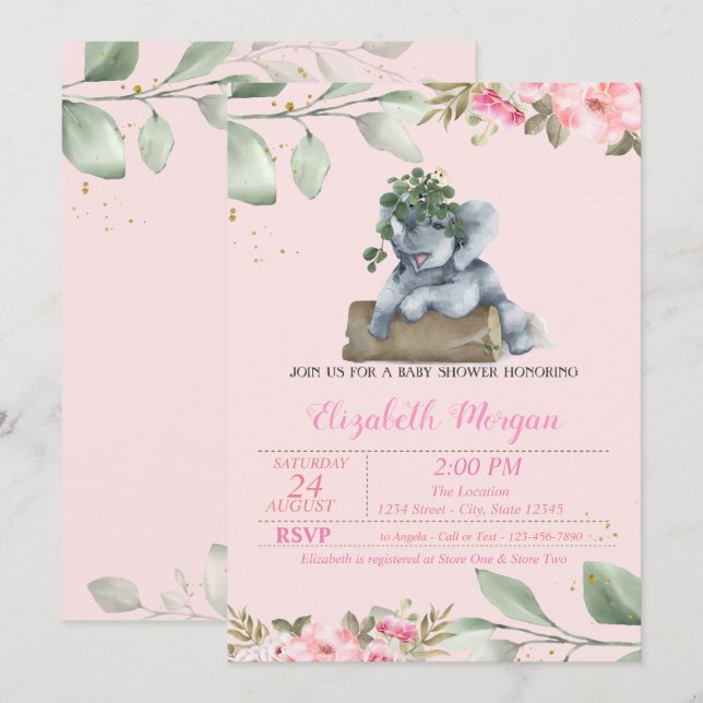 Invitación Elefante lindo, váyase, Baby Shower floral (Anverso / Reverso)