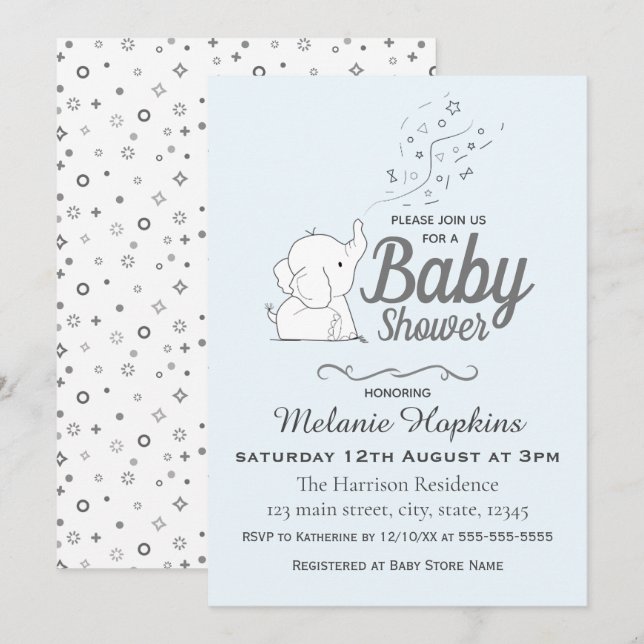 Invitación Elefante lindo y Baby Shower azul confetti (Anverso / Reverso)