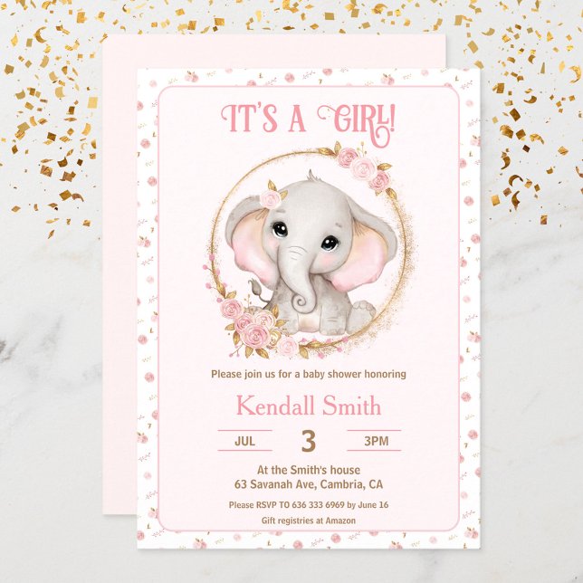 Invitación Elefante lindo y Baby Shower rosa con flores (Subido por el creador)