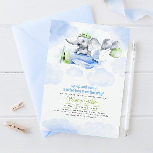 Invitación Elefante lindo y Baby Shower verde azul cielo