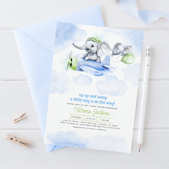 Invitación Elefante lindo y Baby Shower verde azul cielo (Subido por el creador)