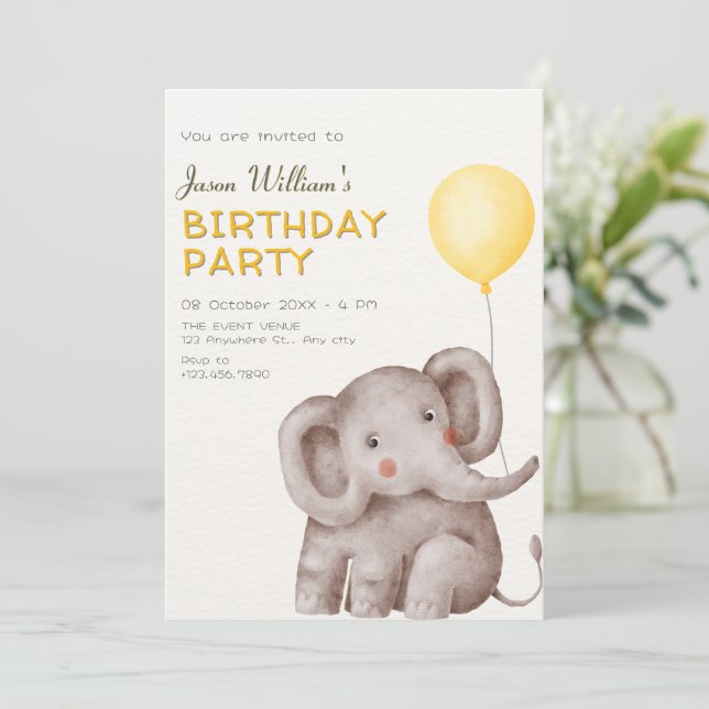 Invitación Elefante lindo y globo de cumpleaños (Anverso de pie)