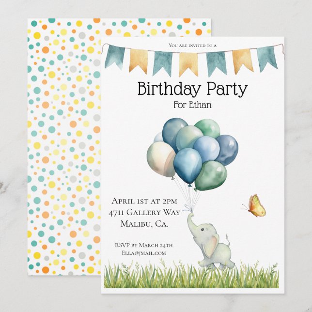 Invitación Elefante lindo y globos (Anverso / Reverso)