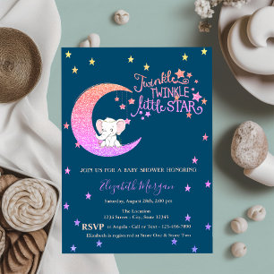 Invitación Elefante,Luna,Estrellas Parpadean Poco Duche de Be