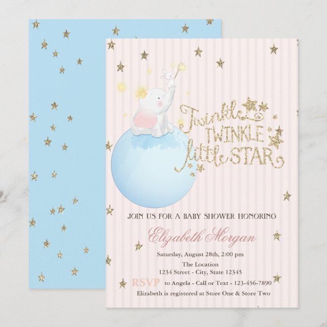 Invitación Elefante, Luna, Estrellas Purpurinas en Baby Showe (Anverso / Reverso)
