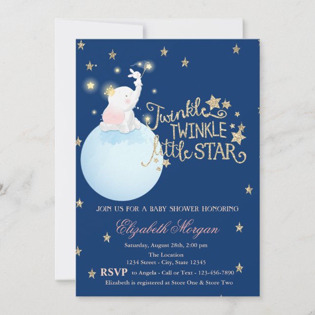 Invitación Elefante,Luna,Estrellas PurpurinasBaby Shower azul (Anverso)