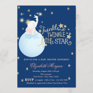 Invitación Elefante,Luna,Estrellas PurpurinasBaby Shower azul