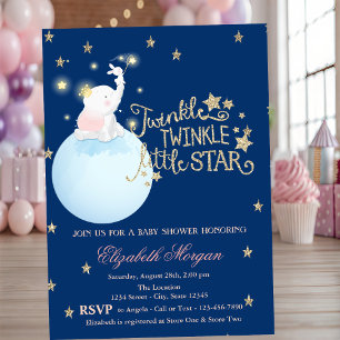 Invitación Elefante,Luna,Estrellas PurpurinasBaby Shower azul