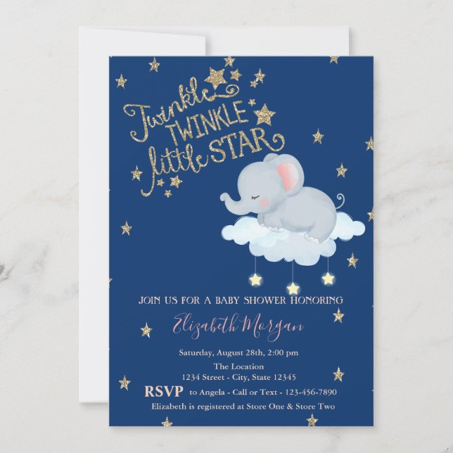 Invitación Elefante,Luna,Estrellas PurpurinasTwinkle Baby Sho (Anverso)