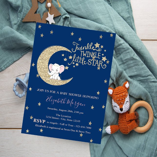 Invitación Elefante, Luna, Purpurina Twinkle Star Baby Shower (Subido por el creador)