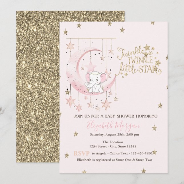 Invitación Elefante Luna Rosa, Baby Shower Estrella Twinkle (Anverso / Reverso)