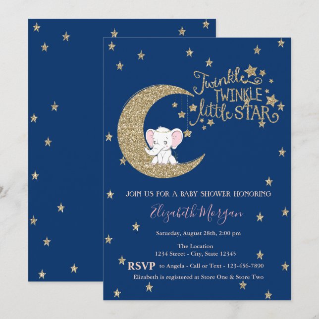 Invitación Elefante, Luna, Star Twinkle Pequeño Baby Shower (Anverso / Reverso)