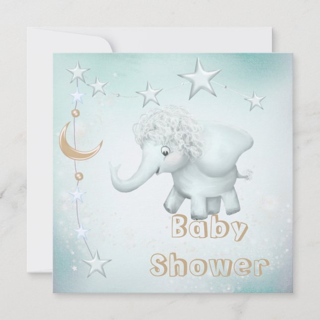 Invitación Elefante, luna y estrellas caprichosos Baby Shower (Anverso)
