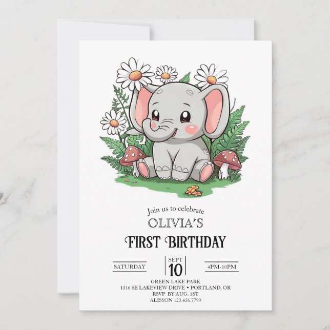Invitación Elefante Majestic 1er cumpleaños digital (Anverso)