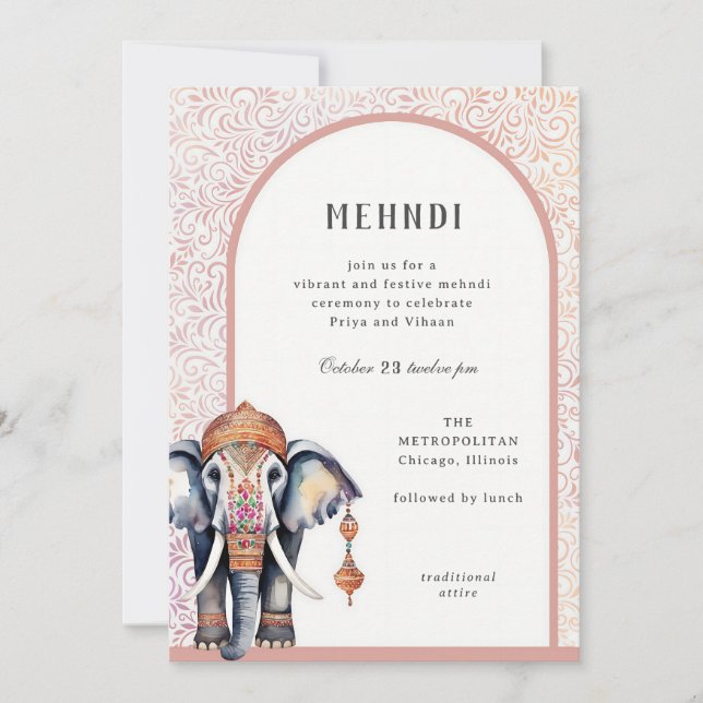 Invitación Elefante Mehndi, Boda indio acuarela (Anverso)