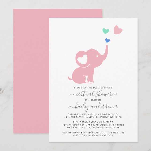Invitación Elefante mínimo de Chica rosa virtual Baby Shower (Anverso / Reverso)