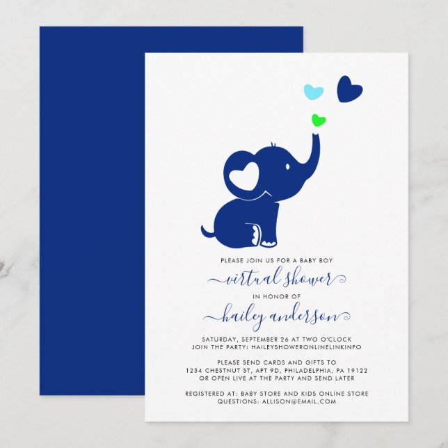Invitación Elefante mínimo virtual Baby Shower Blue Boy (Anverso / Reverso)