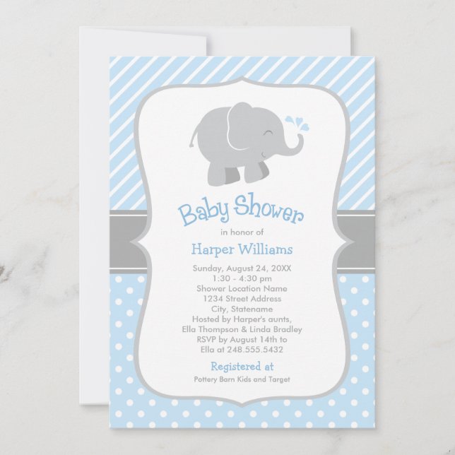 Invitación Elefante moderno azul y gris Baby Shower (Anverso)