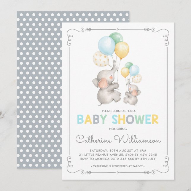 Invitación Elefante moderno Baby Shower Minimalista Jungle Bo (Anverso / Reverso)
