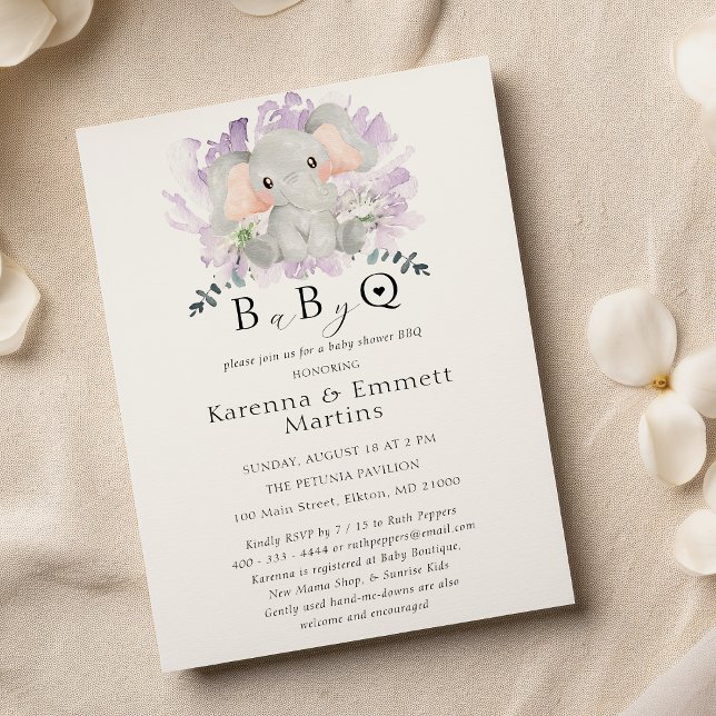 Invitación Elefante moderno Floral Baby-Q BBQ Baby Shower (Subido por el creador)