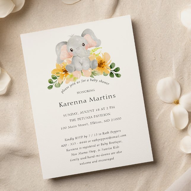 Invitación Elefante moderno Sexo floral Neutral Baby Shower (Subido por el creador)