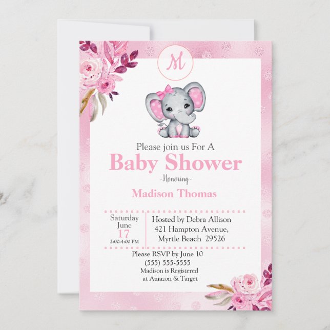 Invitación Elefante Monograma Floral Rosa Baby Shower (Anverso)