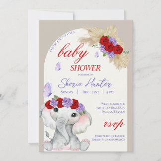 Invitación Elefante morado de Boho y Baby Shower mariposa