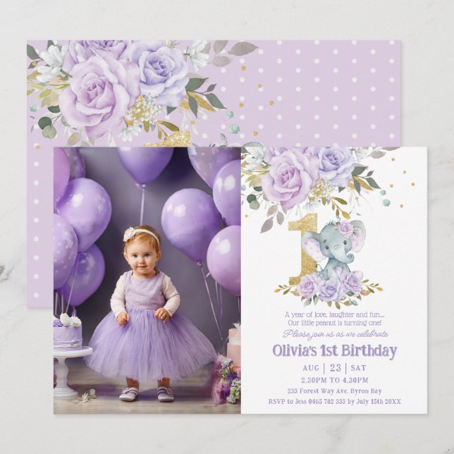 Invitación Elefante morado floral cute un primer cumpleaños f (Anverso / Reverso)