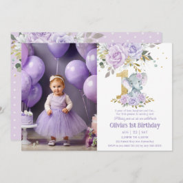 Invitación Elefante morado floral cute un primer cumpleaños f