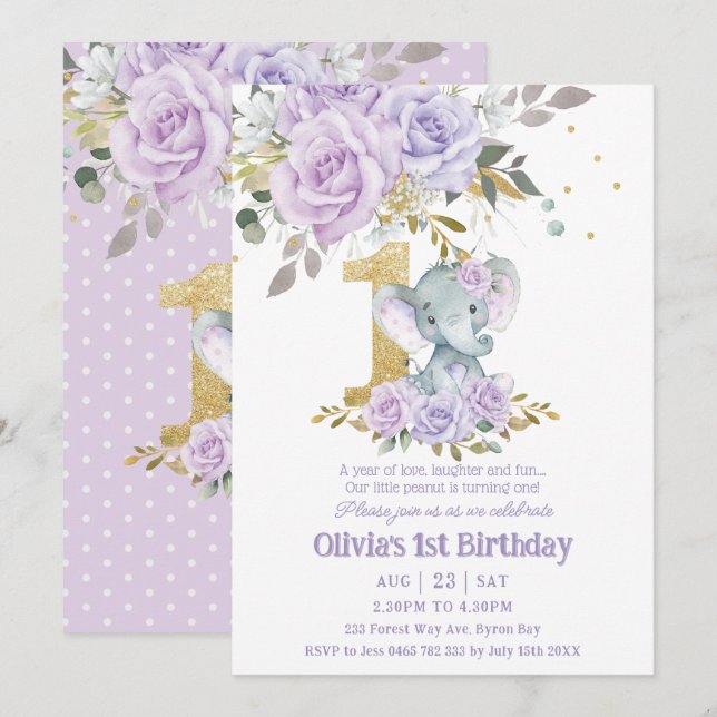 Invitación Elefante Morado Lilac Floral Cute Floral Un primer (Anverso / Reverso)