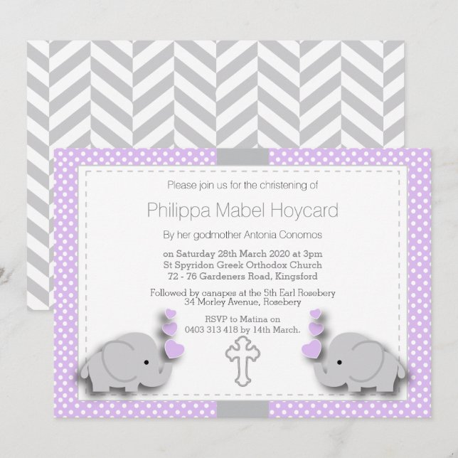 Invitación Elefante morado y gris 🐘 bebé - Cristalización (Anverso / Reverso)
