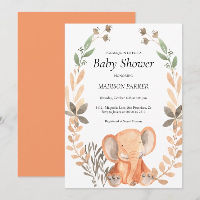 Invitación Elefante Naranja de acuarela (Anverso / Reverso)