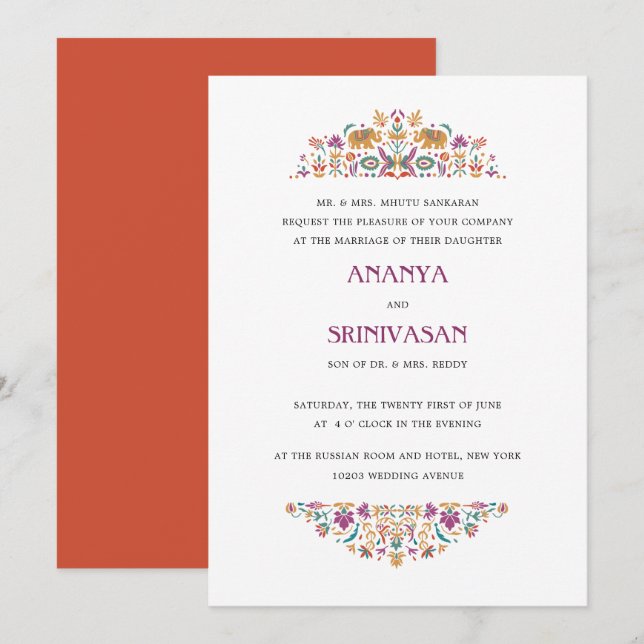 Invitación Elefante Naranja de flores de la India Boda formal (Anverso / Reverso)