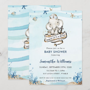 Invitación Elefante Náutico Ahoy es un niño Baby Shower