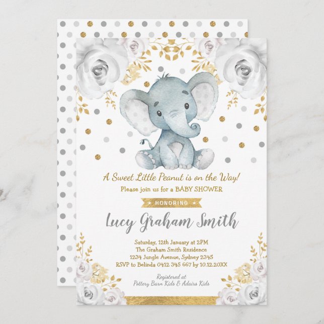 Invitación Elefante Neutral Baby Shower Gold Floral gris (Anverso / Reverso)