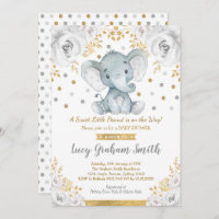 Elefante Neutral Baby Shower Gold Floral gris