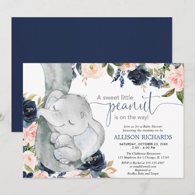 Invitación elefante neutral de género azul marino rosa Rubor (Anverso / Reverso)