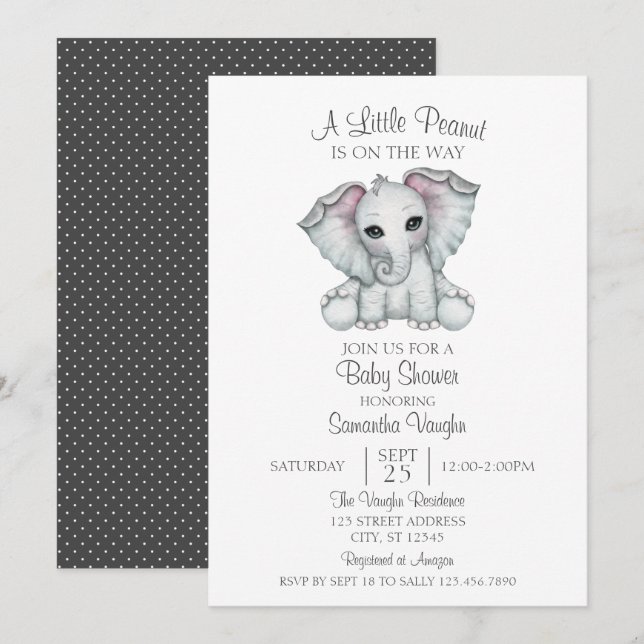 Invitación Elefante Neutral de Género Minimalista Baby Shower (Anverso / Reverso)