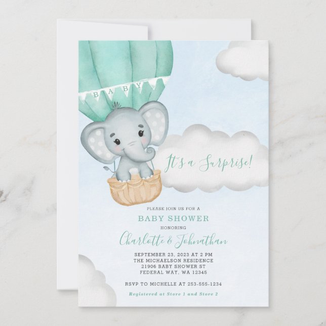 Invitación Elefante Neutral Mint Green Baby Shower (Anverso)