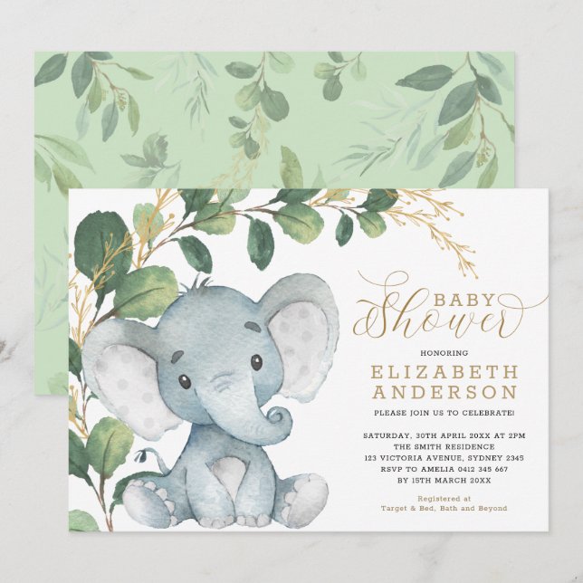Invitación Elefante Neutral Soft Greenerenerenery Gold Baby S (Anverso / Reverso)