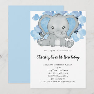Invitación Elefante Niño Azul Flores Globos Cumpleaños