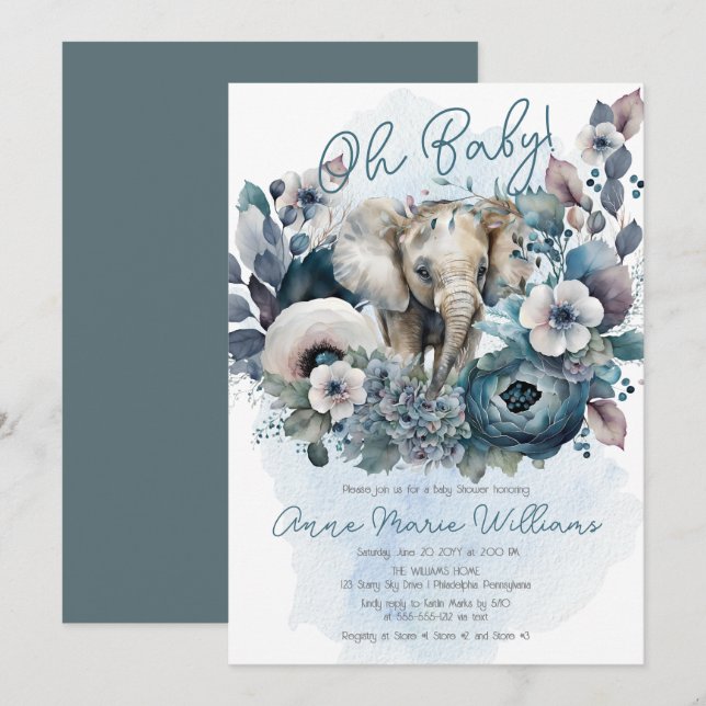 Invitación Elefante Oh Baby Blue Floral Baby Shower (Anverso / Reverso)