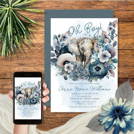 Invitación Elefante Oh Boy Blue Floral Baby Shower